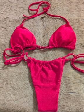 Red Shimmer Tie-Side Bikini Set Cheeky Bottom